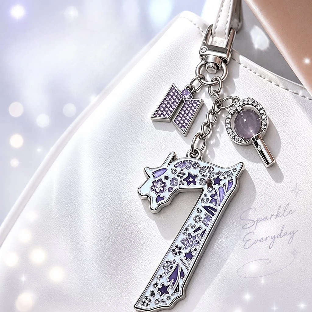 Purple Lucky Number 7 Rhinestone Keychain Bag Charm Pendant Luxury Hanging Ornament Fans Souvenir Gift for Backpack Decoration