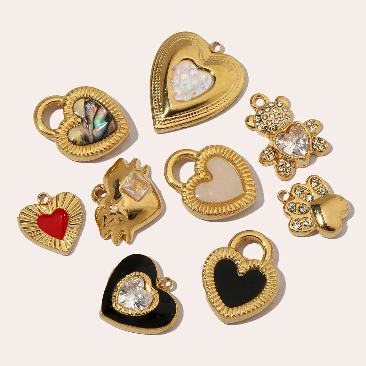 3pcs/Lot French Crystal Bear Paw Stainless Steel Bracelet Charms Women Enamel Heart Necklace Pendant Love Lock Jewelry