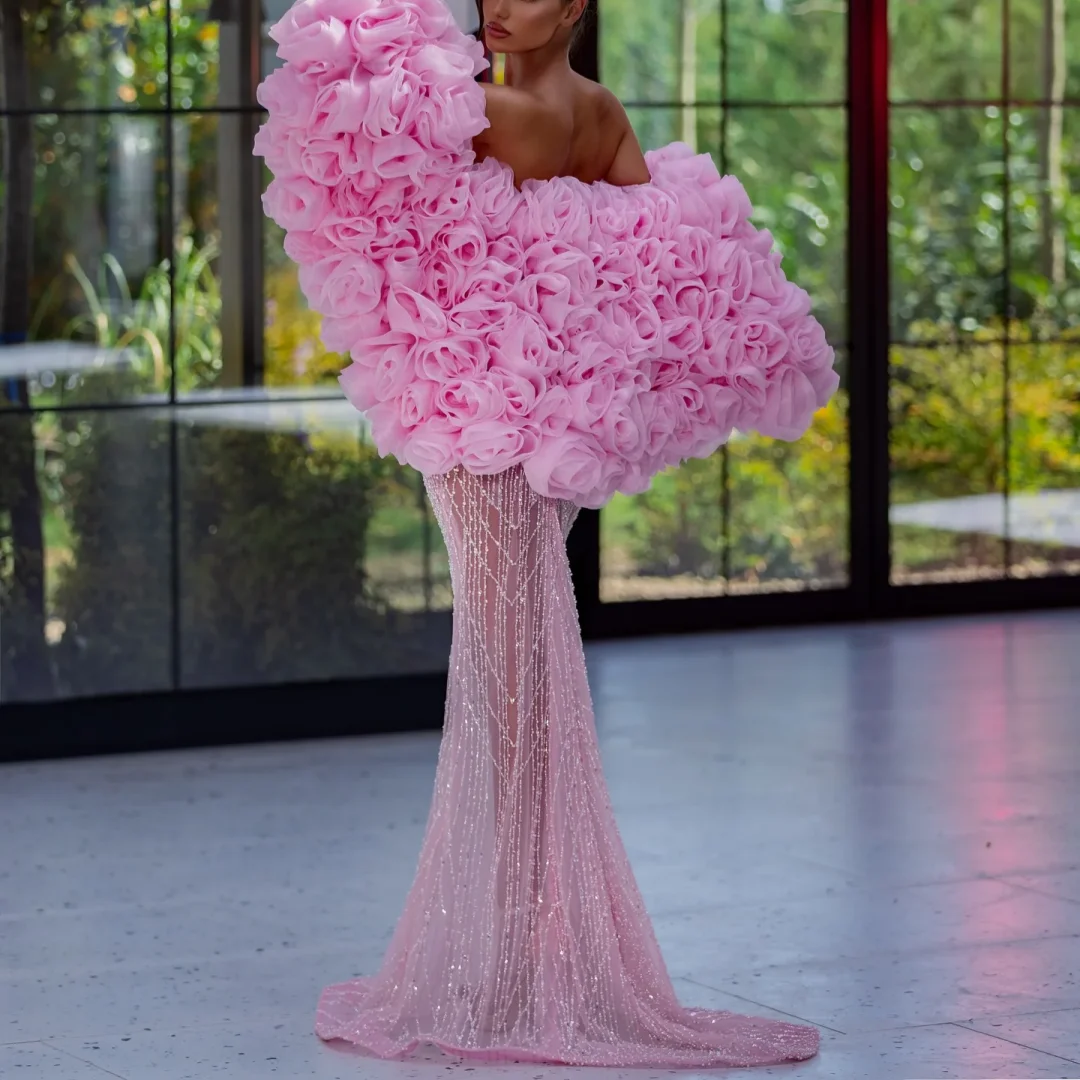 اللؤلؤ مزين حمالة قطع حفلة موسيقية فاخرة كوكتيل حزب فساتين السهرة الوهم الوردي الترتر فستان طويل