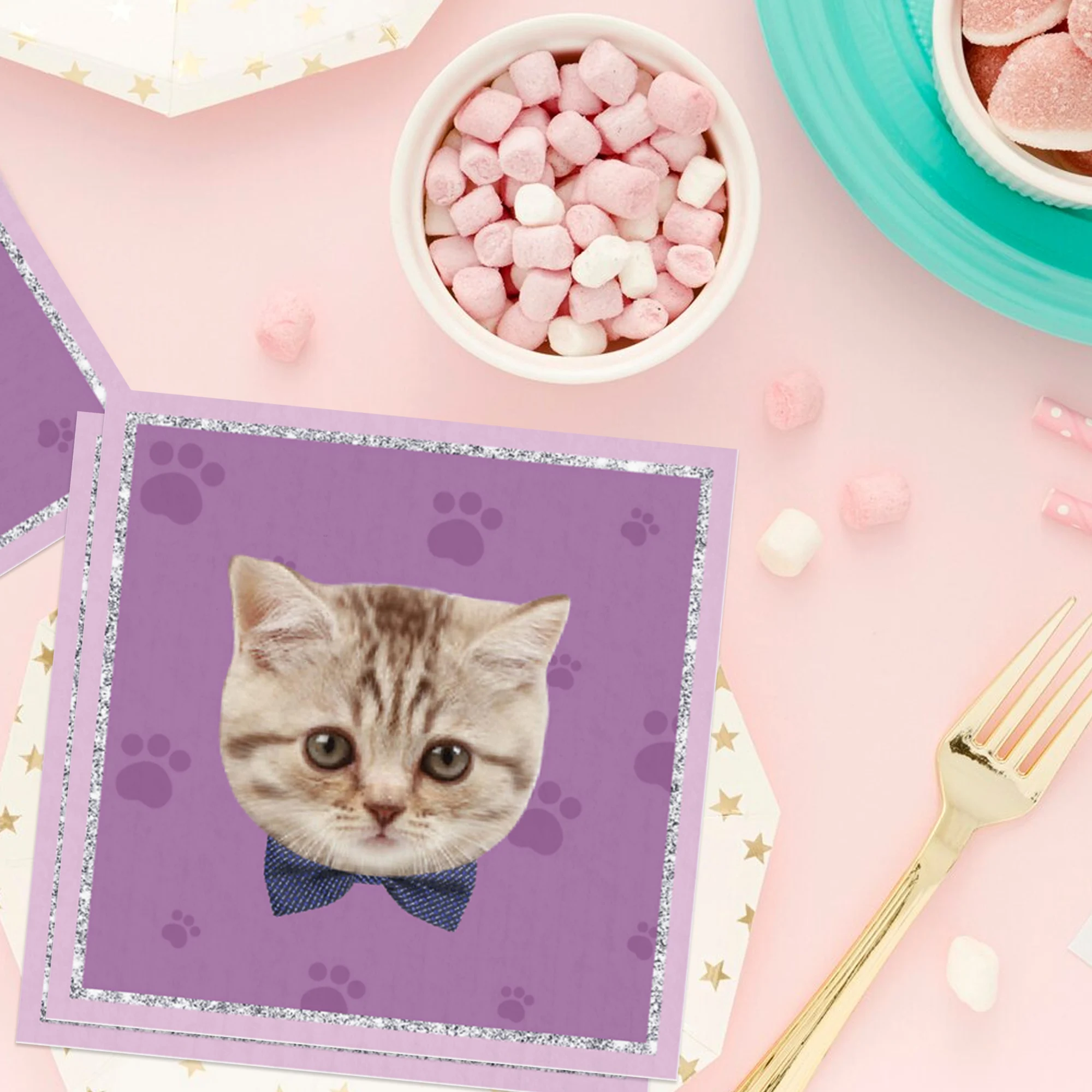 20 Pcs Light Purple Cat Paw & Kitten Face Printed Paper Napkins, Perfect for Birthday Party, Pet Themed Party & Decoupage Crafts