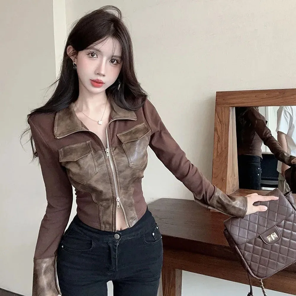 2024 Streetwear Patchwork PU Leather Jacket Women Crop Tops Ropa Mujer Fashion Korean Outwear Temperament Zipper Y2k Coat Ladies