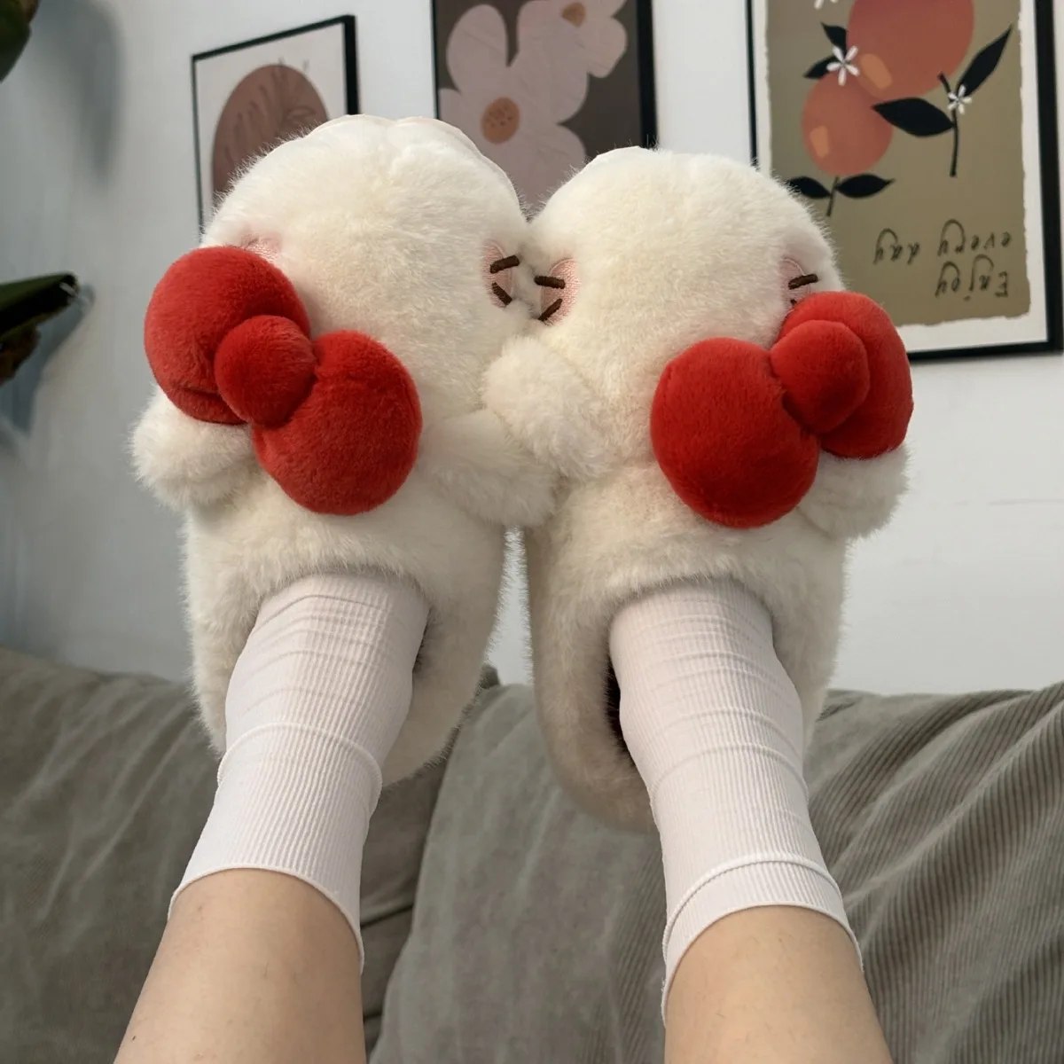 Winter Women Cartoon Cute Bow Tie Furry Slippers Men Indoor Plush Sandals Couples Christmas Cotton Shoes Warm Slide for Gift