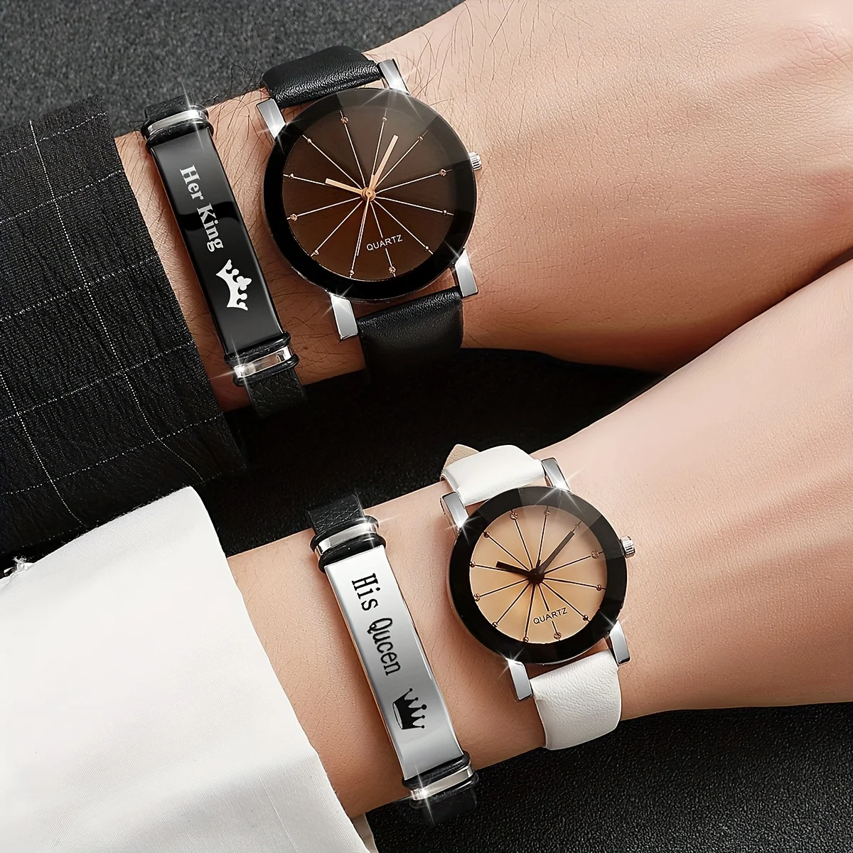 4 Pcs Set Fashion Couple Sports Watch Quartz Watch Luxury Leather Bracelet Simple Casual Clock Watch Alloy Jewelry Accessories