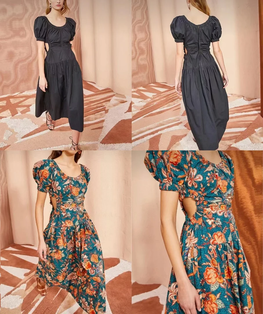 

2023 new Women waist hollow out long dress high waist short sleeve midi dress