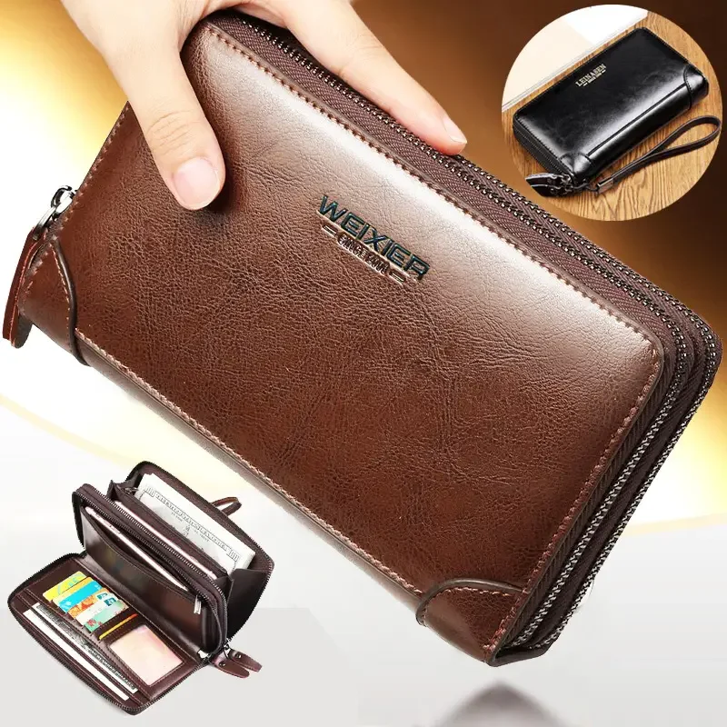 

Men's Long Wallet PU Leather Double Zipper Coin Pocket Purse Vintage Business Clutch Large Slim Wallet for Daily Use & Travel