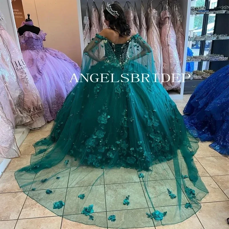 ANGELSRIDEP 2024 Ball Gowns Quinceanera Dresses With Cape 3D Flowers Emerald Green Vestidos De 15 Años Birthday Party Gowns