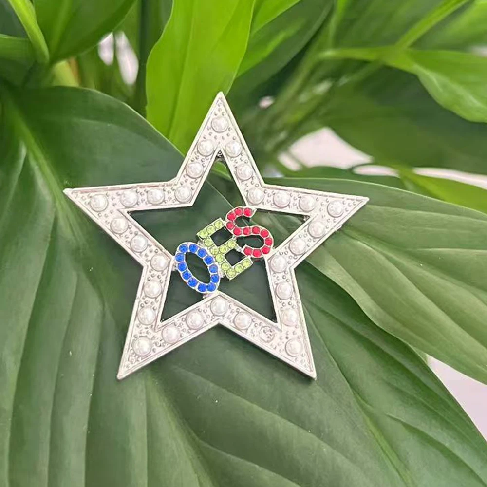 أحدث اللؤلؤ الأبيض حجر الراين الخماسية نجمة الماسونية النظام من النجم الشرقي اليونانية نادي نسائي OES رسالة مجوهرات بروش دبوس #4