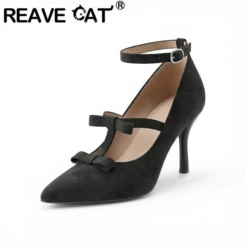 

Туфли-лодочки REAVE CAT зеленые женские, с острым носком, на шпильке 9 см, с ремешком на пряжке и бантом, сексуальные, для свиданий и вечеринок, большие размеры 45, 46, 47, 48