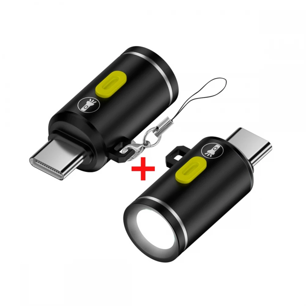 2pcs USB C Mini Flashlight  LED 210 Lumens Type-C Male Portable Night Light with Keychain Hook for Phone Power Bank Outdoor