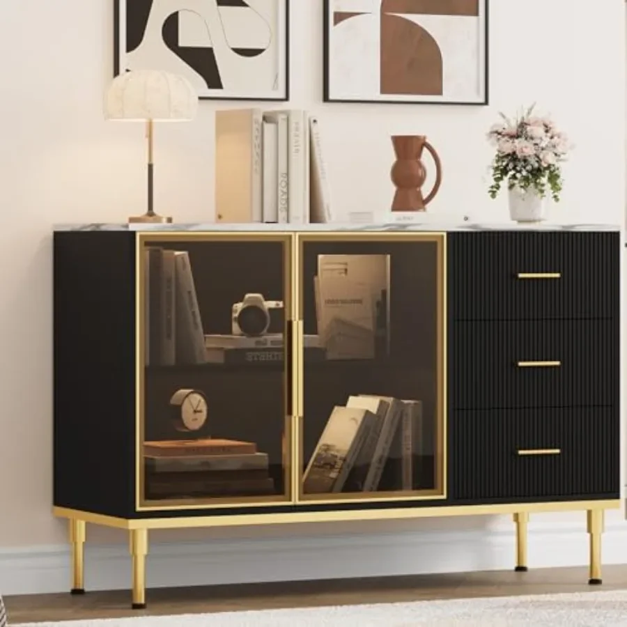 Buffet Cabinet with Storage for Dining Room, Wood and Metal Fluted Sideboard Cabinet with LED Lights, Walnut Finish