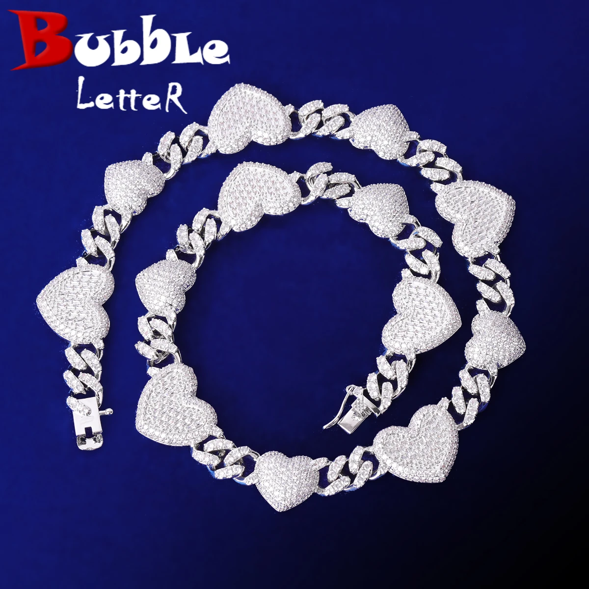 Bubble Letter Iced Out Heart Choker Necklace for Women Baguette Cuban Link Chain Micro Pave Hip Hop Jewelry