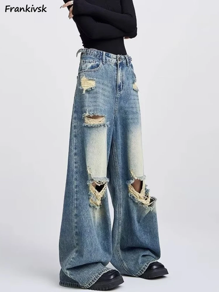 

Jeans Women Hole Frayed Streewear Korean Style Harajuku Full Length Fashion Simple Hotsweet Vintage Washed Denim Popular Summer