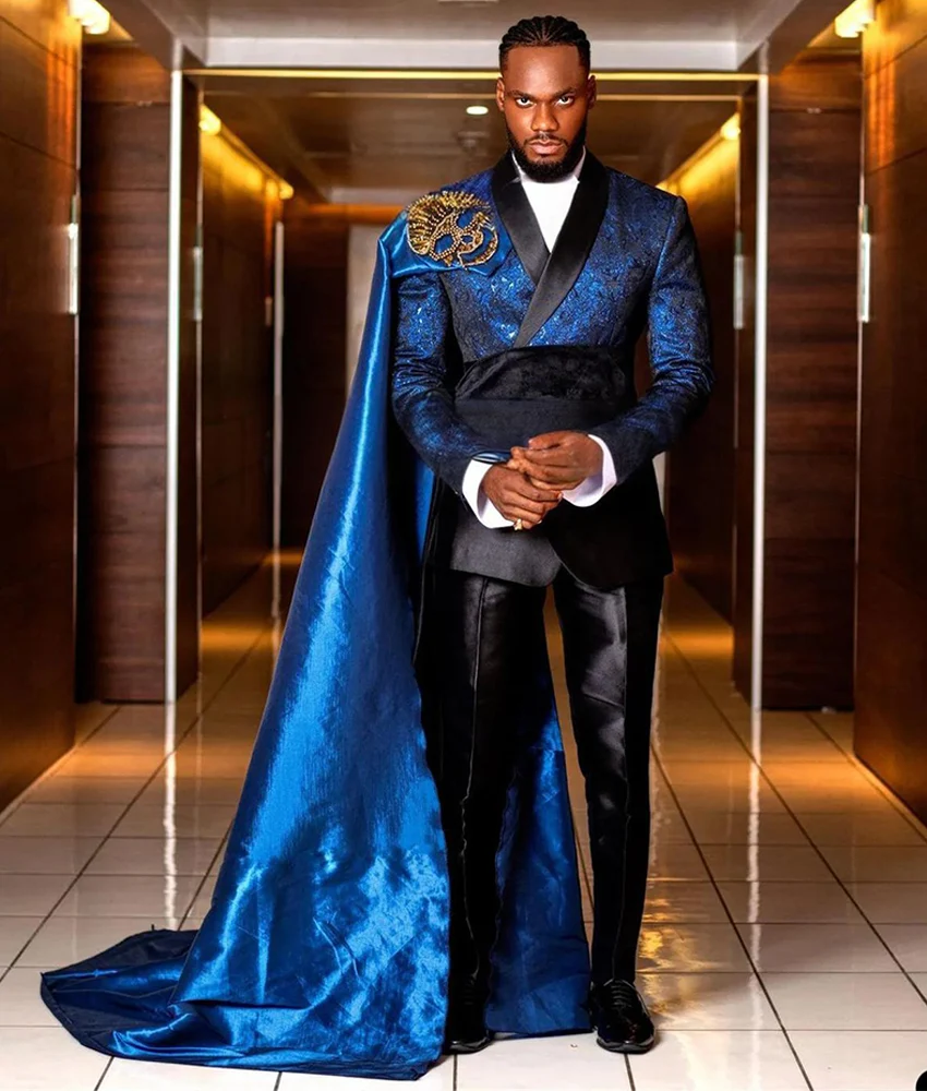 Luxury Crystal Men's Royal Satin Suits Jacket Pant with long Cape Men's Stage Costume High Quality Wedding Party Dress