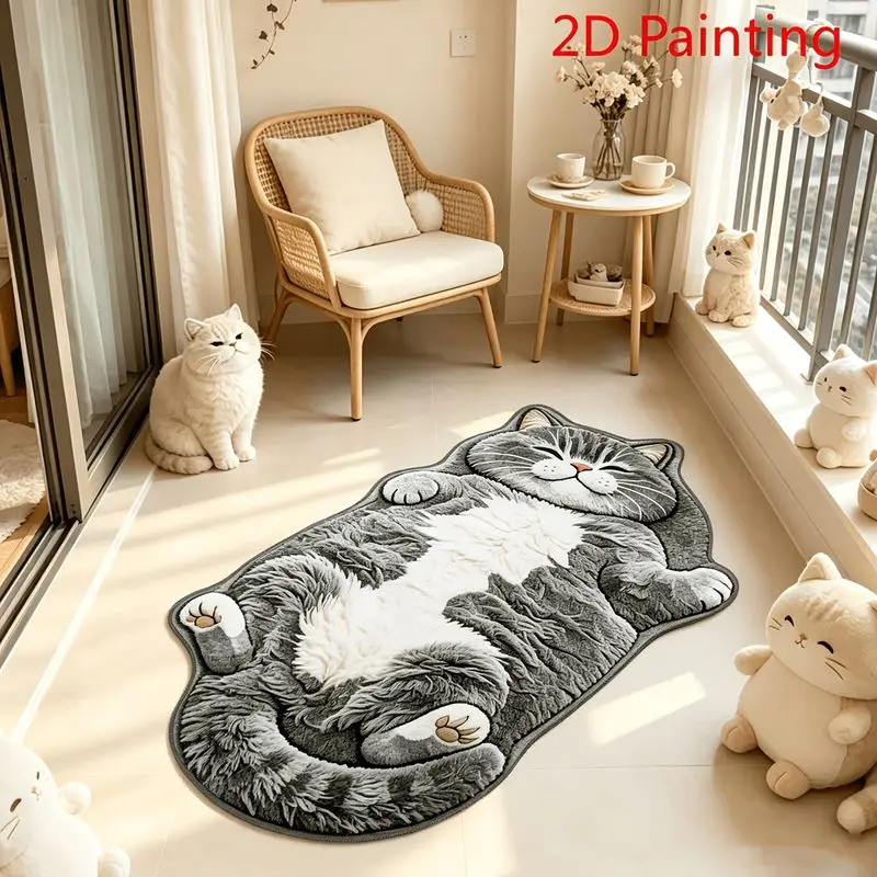 VIKAMA Lazy Gray Tiger Spotted Fat Cat Alien Plush Long Carpet Entrance Bathroom Living Room Cute Cartoon Home Floor Mat