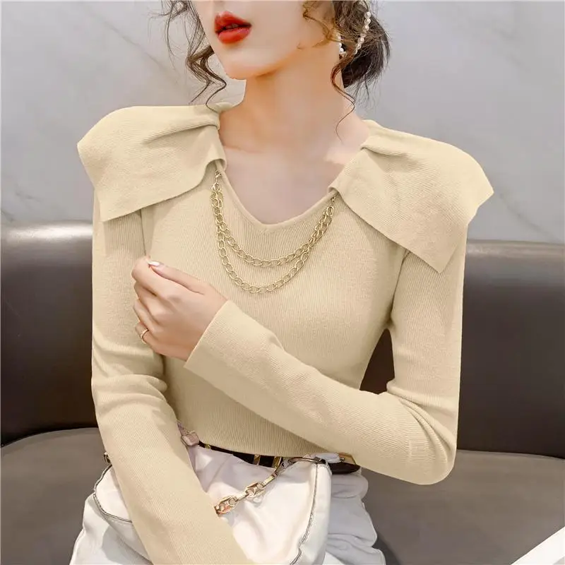 Women\'s Trendy Chain Ruffle Design Elegant Basic Knitted Sweater Autumn Winter Female V Neck Chic Pullover Tops Long Sleeve Ropa