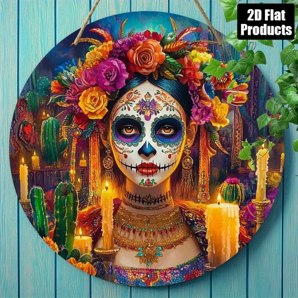 2D Plane - [Open] 2D Plane, 1 deceased candy skull and floral circular wooden wall decoration