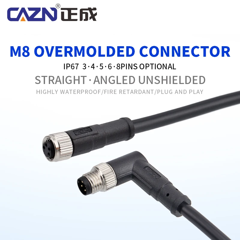M8 Unshielded Overmolded Plug Straight  Angled Male 3 4 5 6 8 Pin A/B/D Code 1/2/5m PVC PUR Cable IP67 for Automation