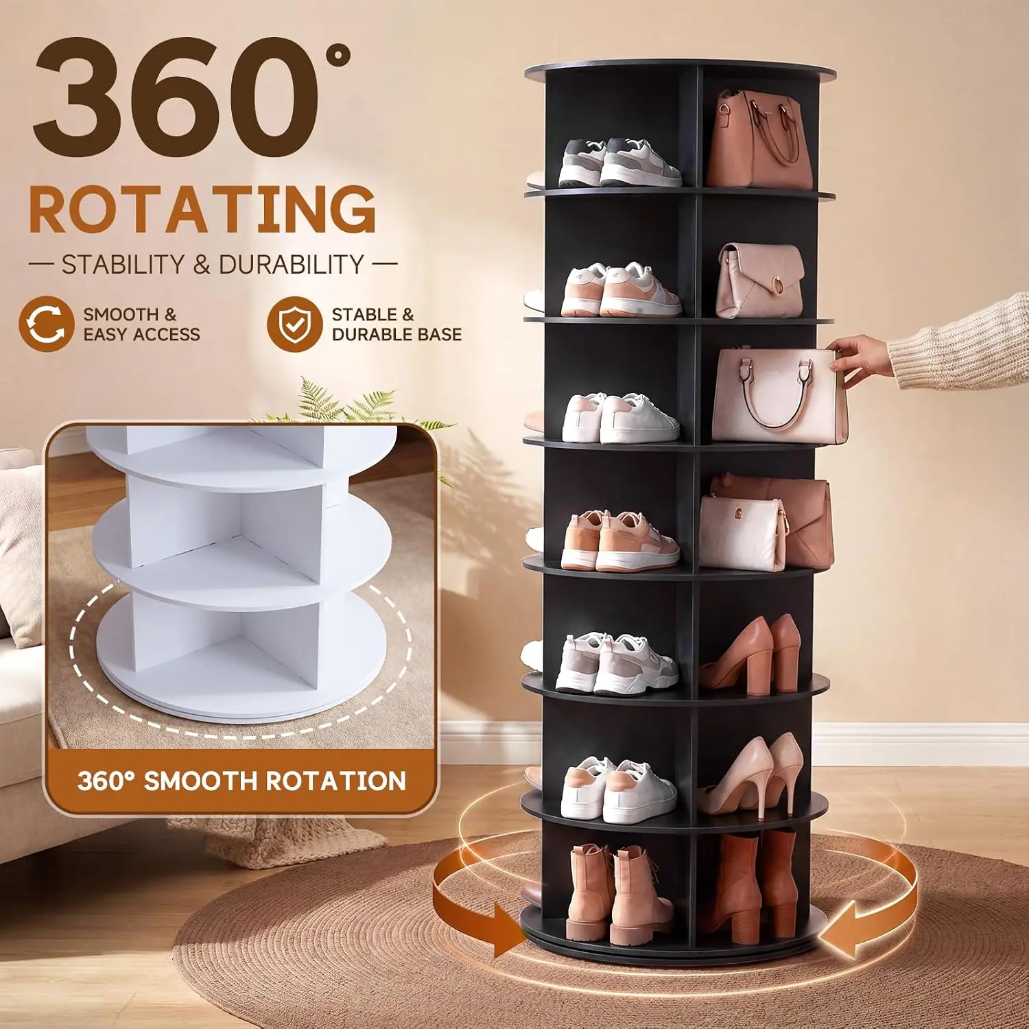 7 Tier Rotating Shoe Rack Tower 360° Spinning Lazy Susan Purse Display Carousel Storage Stand Black, Customized