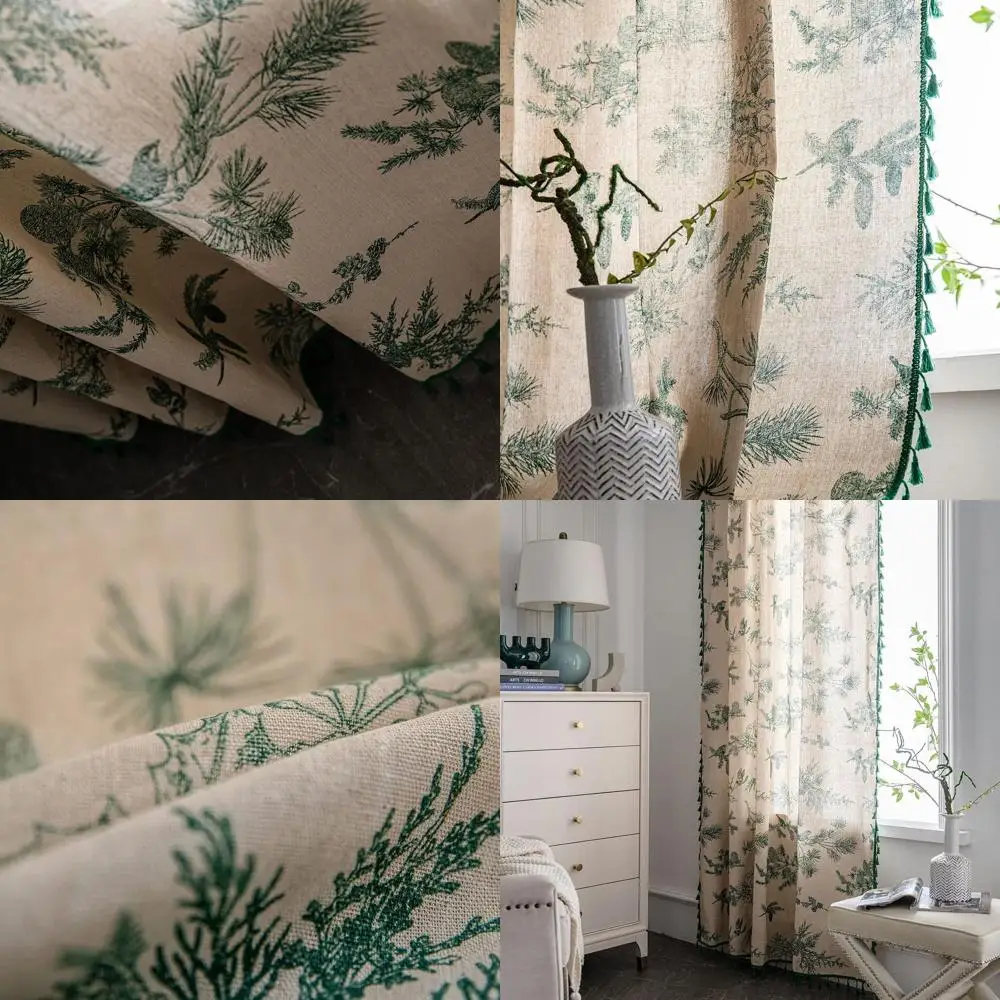 

Хлопково-льняные богемные зеленые полузастегивающие шторы с кисточками, 6 цветочных панелей для фермерского дома для гостиной/спальни, 2 шт.