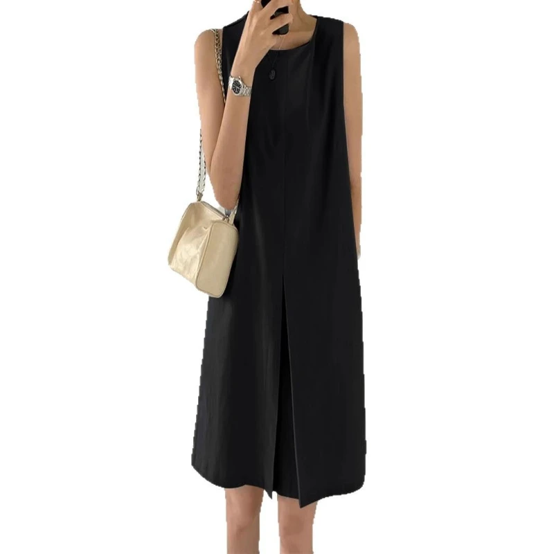 2025 été Style coréen coton lin col rond sans manches femmes débardeur robes mi-longue décontracté solide coupe ample poches Robes robe