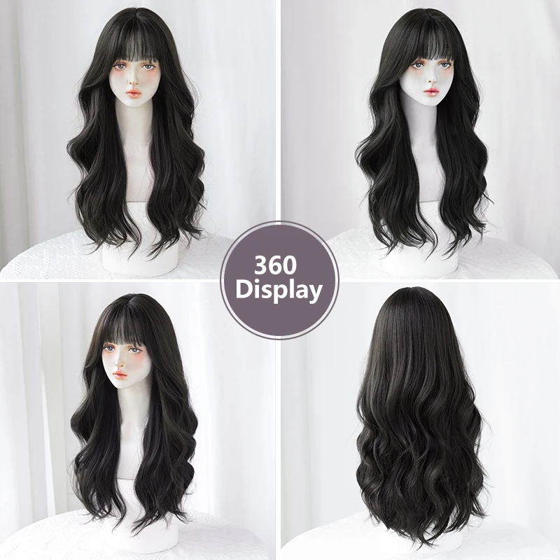 7JHH WIGS High Density Synthetic Dark Brown Wig for Women Daily Use Long Body Wavy Black Tea Wigs with Bangs Beginner Friendly