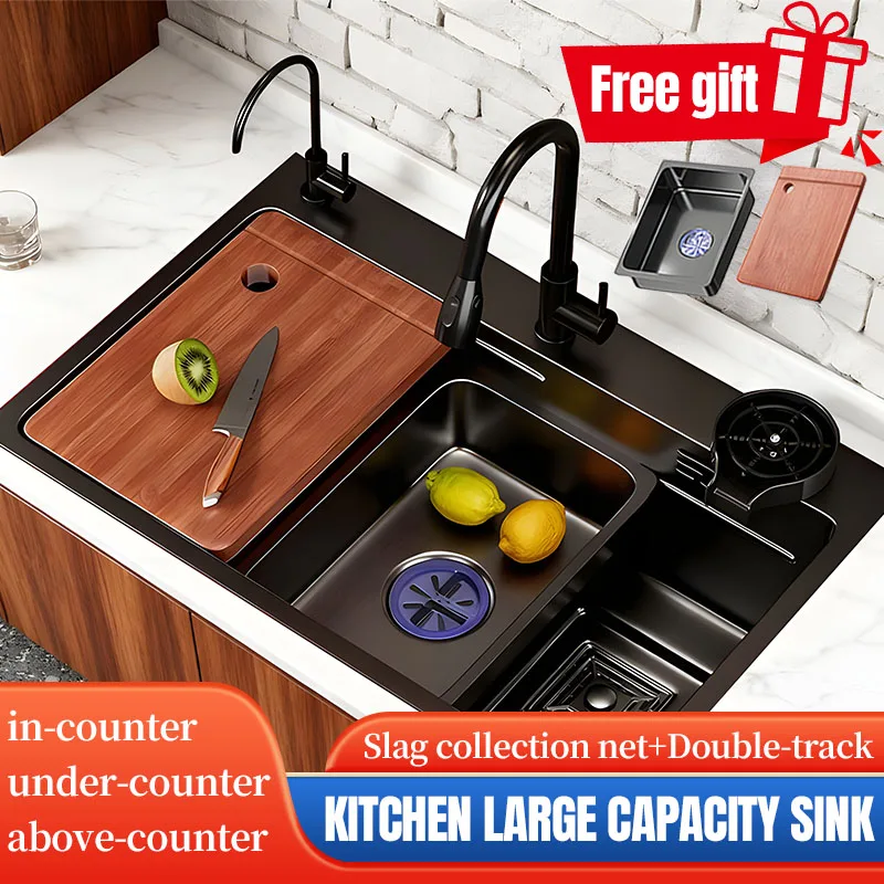 

Home Use Rectangular Nano Sink Thickened SUS304 Stainless Steel Square Slag collection net Large single-slot double-track design