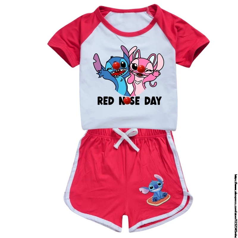 Summer Lilo And Stitch Children\'s Pajamas Short Sleeve Girls Boys Home Clothes Set Pajama Sleepwear Robe Clothing Mother Kids