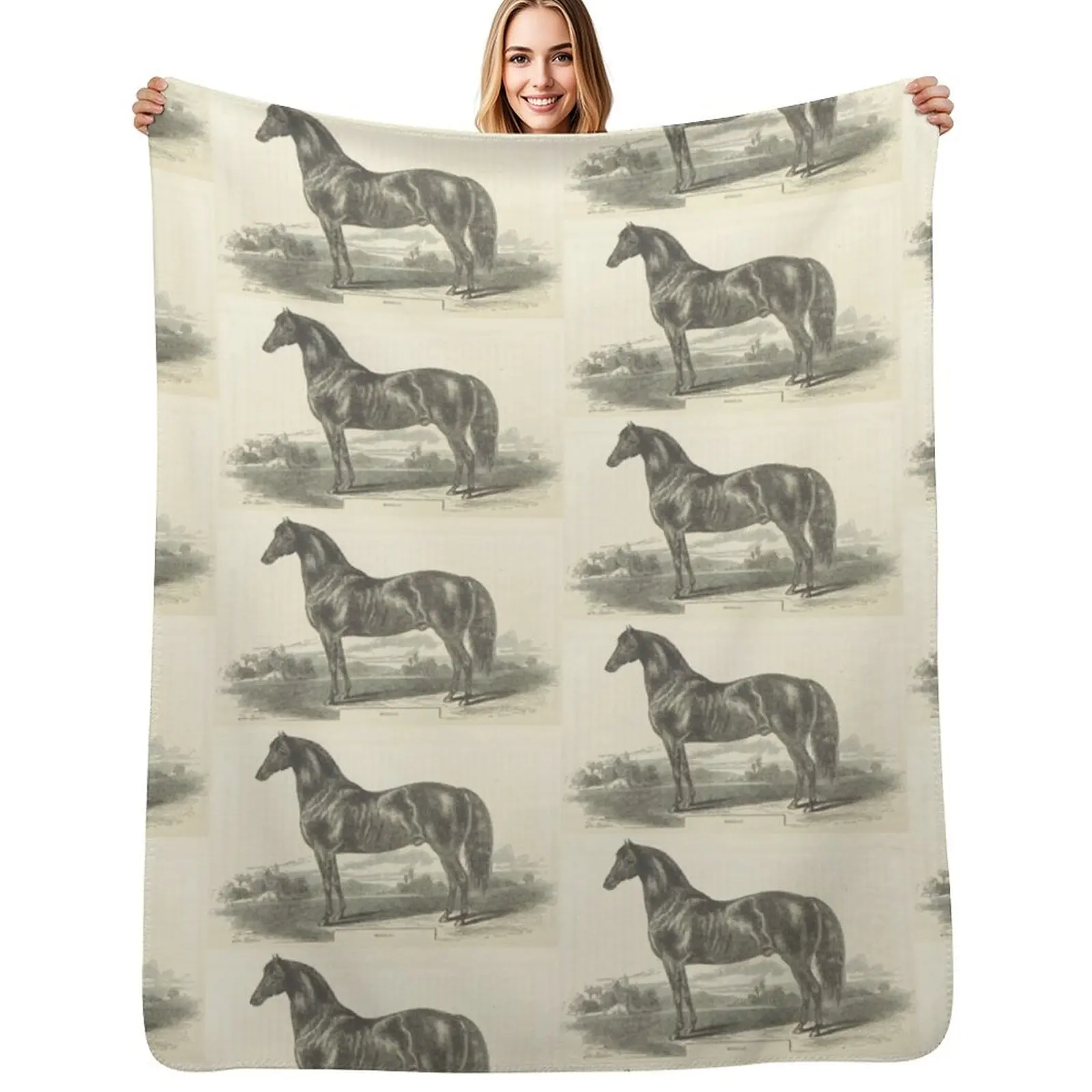 Vintage Morgan Horse Etching Throw Blanket Stylish Warm Blanket for Living Room Bedroom