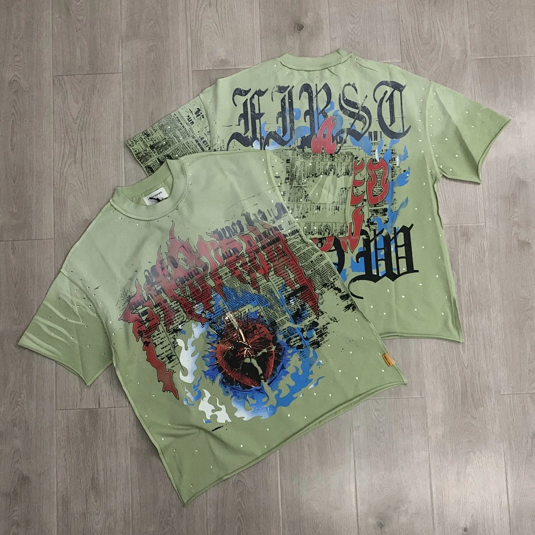 Men Vintage Washed Rhinestone T-shirt First Row Oversized Tee 100% Cotton Y2K Graphic Streetwear Tie Dye Short Sleeve T Shirts