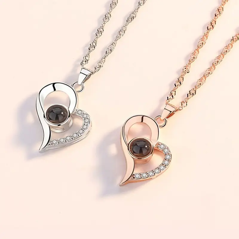 Love Projection Necklace With Luxury Rose Gifts Box For Girlfriend 2023 New Valentine Present 100 Languages I Love You Jewelry