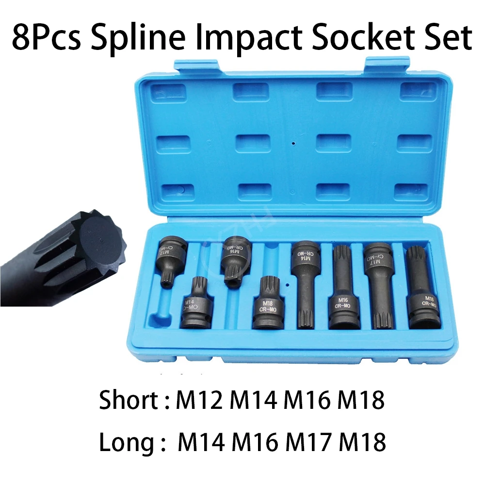 

Spline Impact Socket Set 8pcs M12-18 12-Point Socket Bits KIT 1/2 Pneumatic Spanner Mechanical Workshop Tools 12-Angle Screws