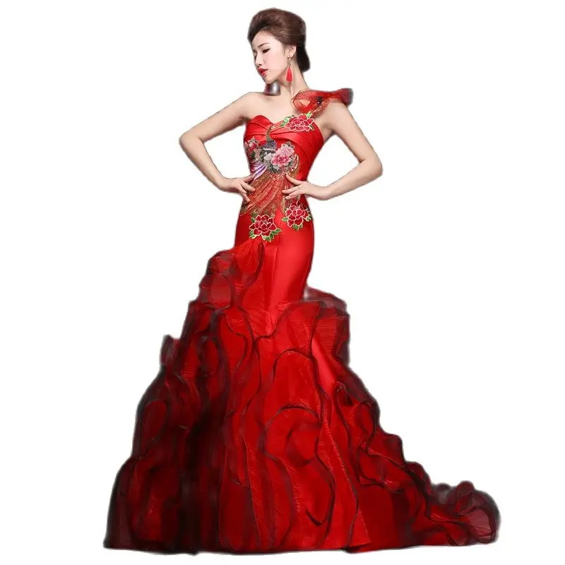 

Female Sexy Long Qipao Red Women Chinese Wedding Vestido Fishtail Modern Cheongsam Chinese Traditional Dress Asian Costume