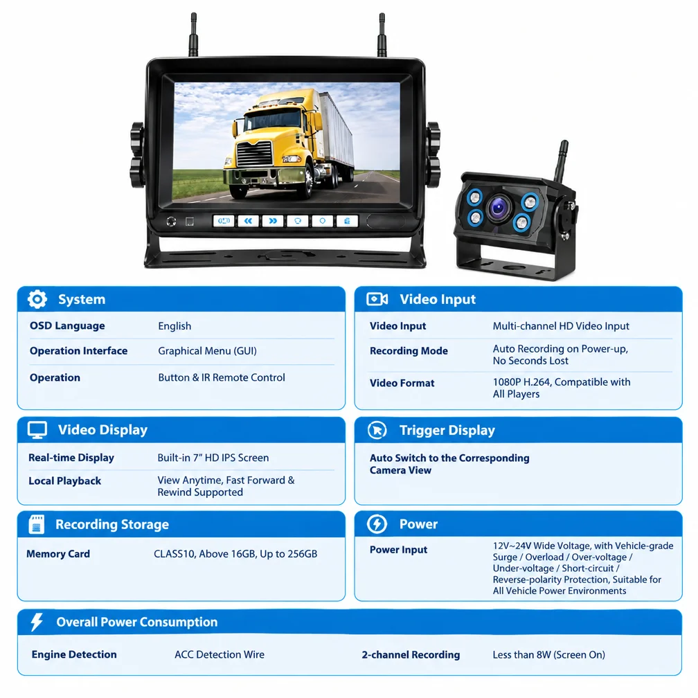 G-2053 MARS 7 Inch IPS Truck Display 1024*600, Wireless Rearview Kit 1080P Camera 500M Digital Match 12-24V U Mount Bracket