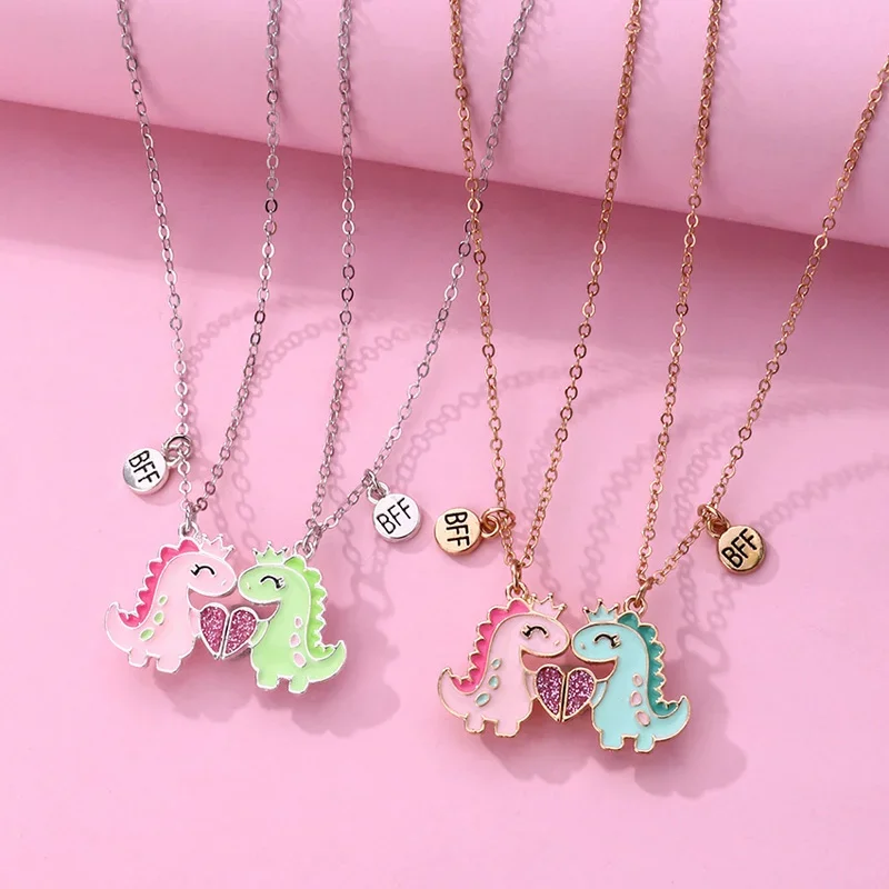 Lovecryst 2Pcs/set Best Friendship Gold Plated Alloy Chain Cute Dinosaur Heart Necklace for Girls BFF Friendship Jewelry Gift