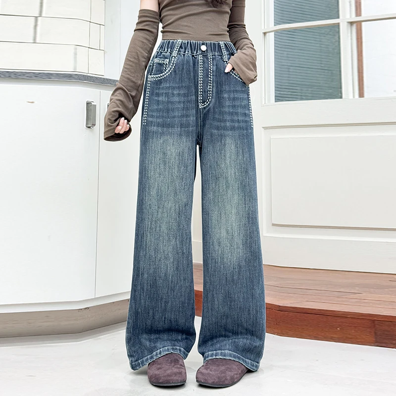 

Vintage Topstitch Design Kids Child Spring Autumn Straight Fit Jeans Trouser For Girls Stylish Blue Denim Pants 5 7 10 11 12 14Y