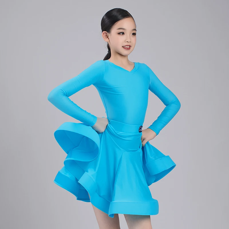 Professional Latin Competition Dress Girls 3 Color Long Sleeve Performance Clothes Bodysuit Skirt ChaCha Dancing Clothes DL10837