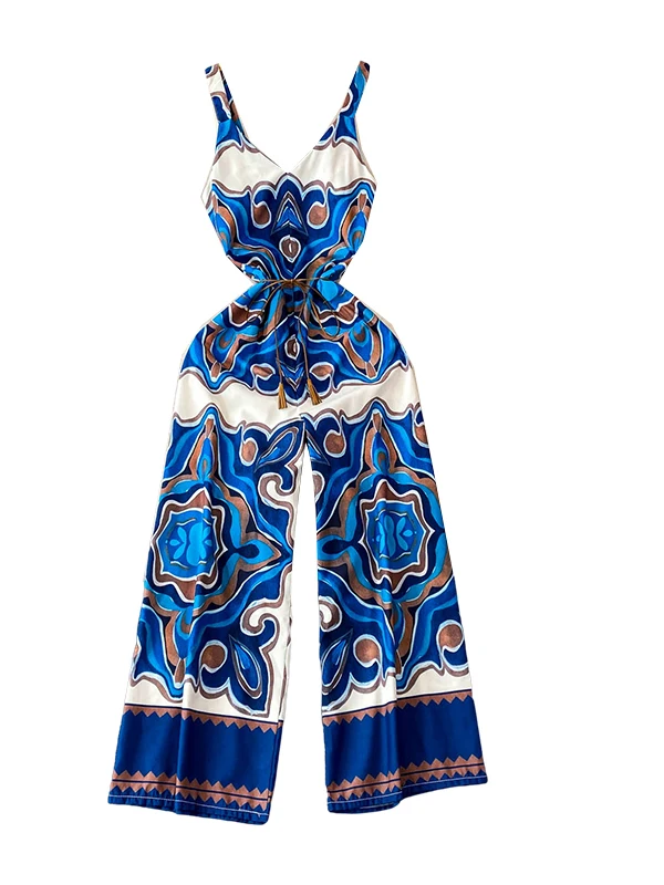 Slimming Wide Leg Pants V Ne ter Swimsuit High Waist Belted Holiday Faionable Printed Women's Summer Dr