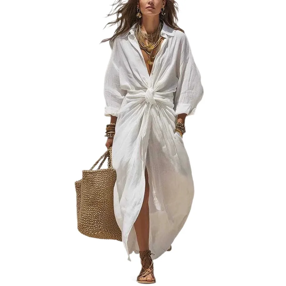 Casual Slim Fit Dress Open Cardigan Style Sexy with Patchwork Open Front Mid Waist Summer Long Skirt Shirt Collar Women Swimsuit