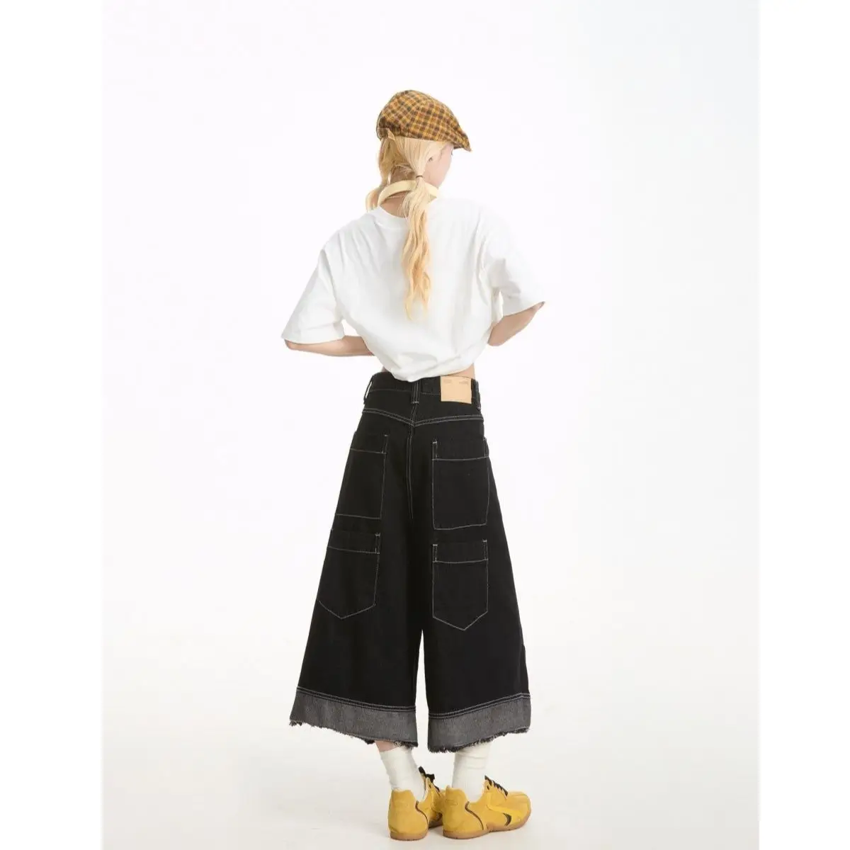 Retro Wide Leg Japanese Splicing Jeans Women's Button Loose Fit CasualHigh Waist Seven-Foot Pants American Design Shorts