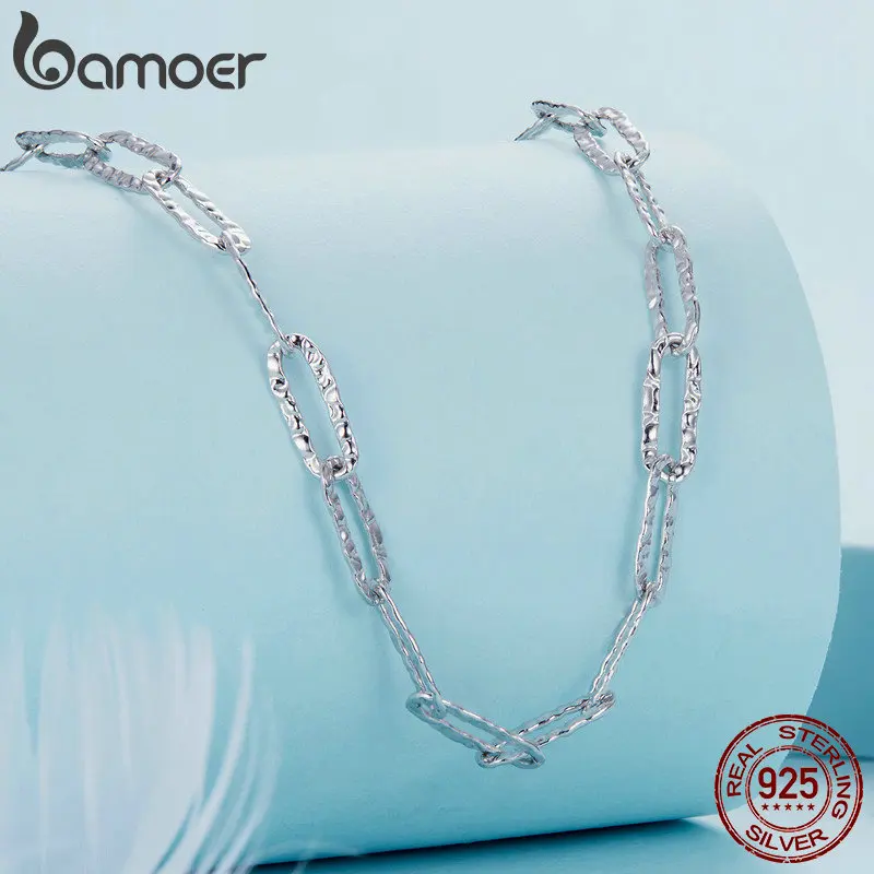 BAMOER 925 Sterling Silver Punk Style Stackable Basic Chain Link Square Buckle Necklace for Women Party Fine Jewelry