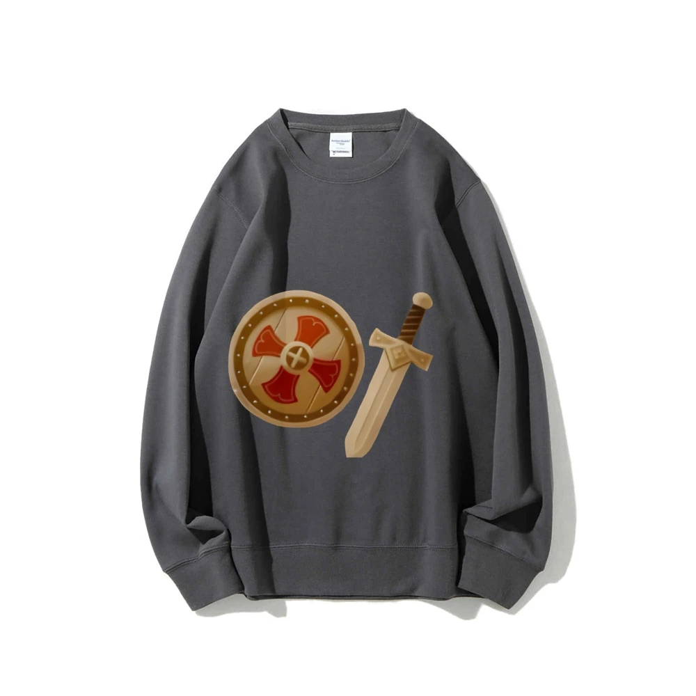 

Graphic Sweatshirt Shield Sword Print Medieval Inspired Sweatshirt Oversize Y2k Style Casual Wear Trendy Design Vibe Clothes