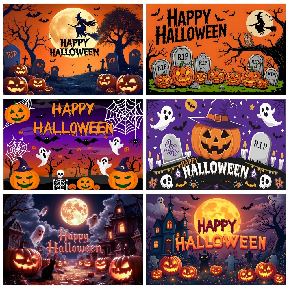 

Happy Halloween Photography Background Horror Moon Night Cemetery Witch Pumpkin Lantern Bat Ghost Halloween Party Photo Backdrop