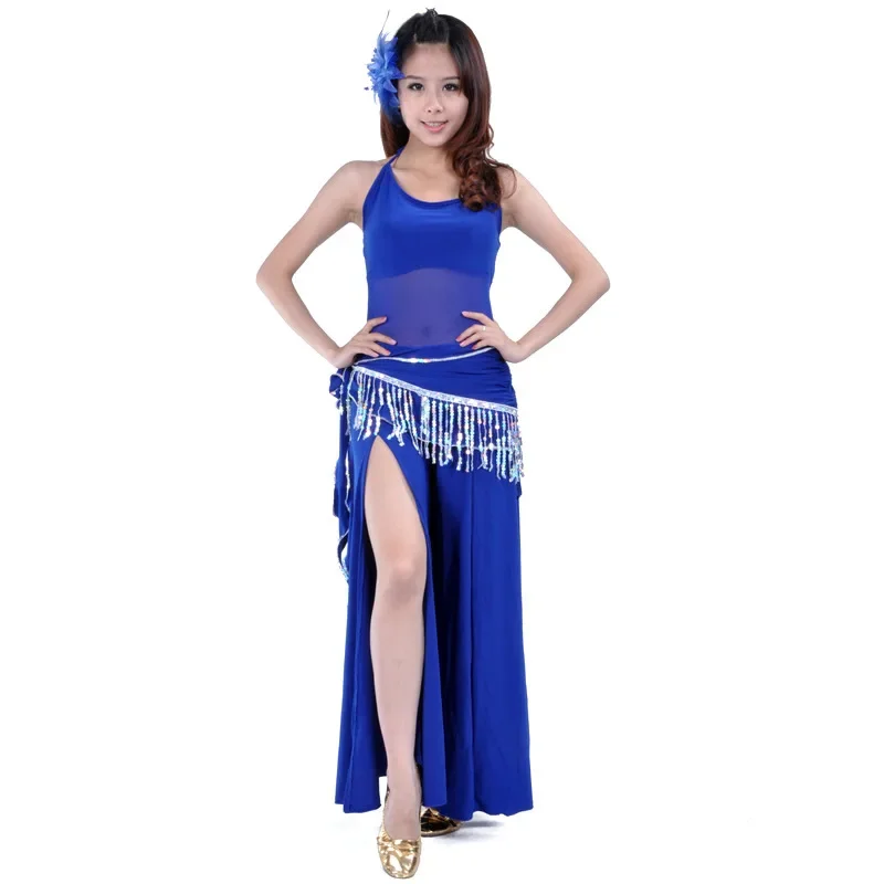 

Semi-permeable Gauze Suspender Top + Single-opening Straight Pants + Wrinkled Suspender Waist Chain Belly Dance Suit 3piece Suit