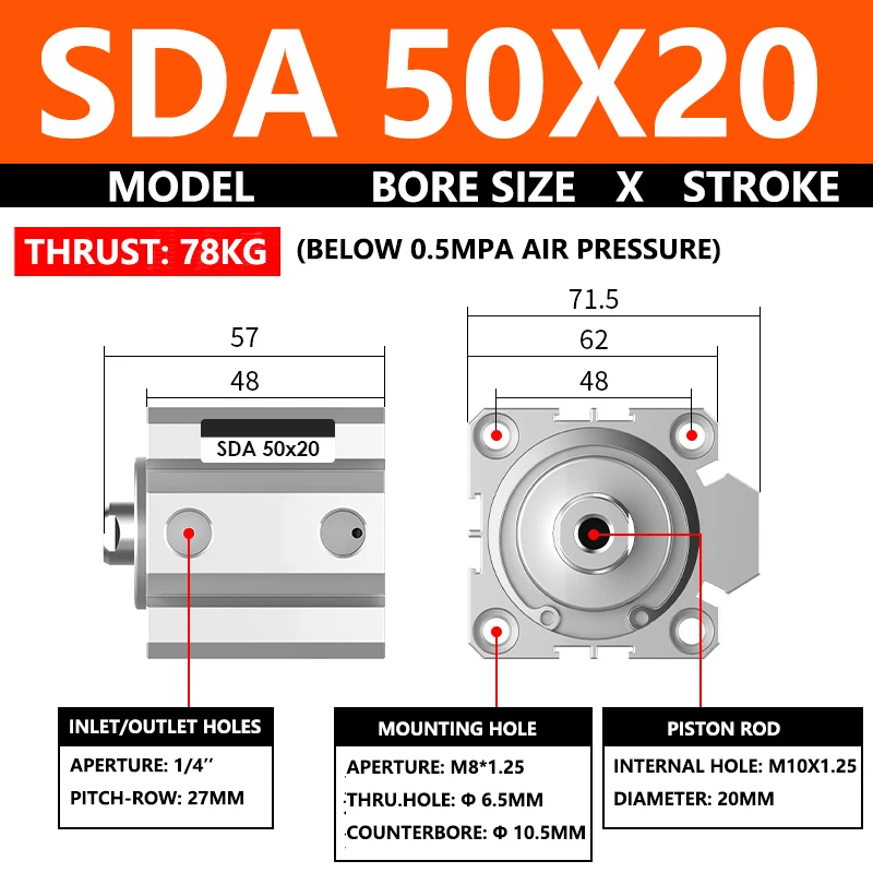 

ABILKEEN SDA50X20 SDA Series Thin Air Cylinder 50MM Female Thread Bore X 20MM Stroke Double Acting Pneumatic Compact Cylinder