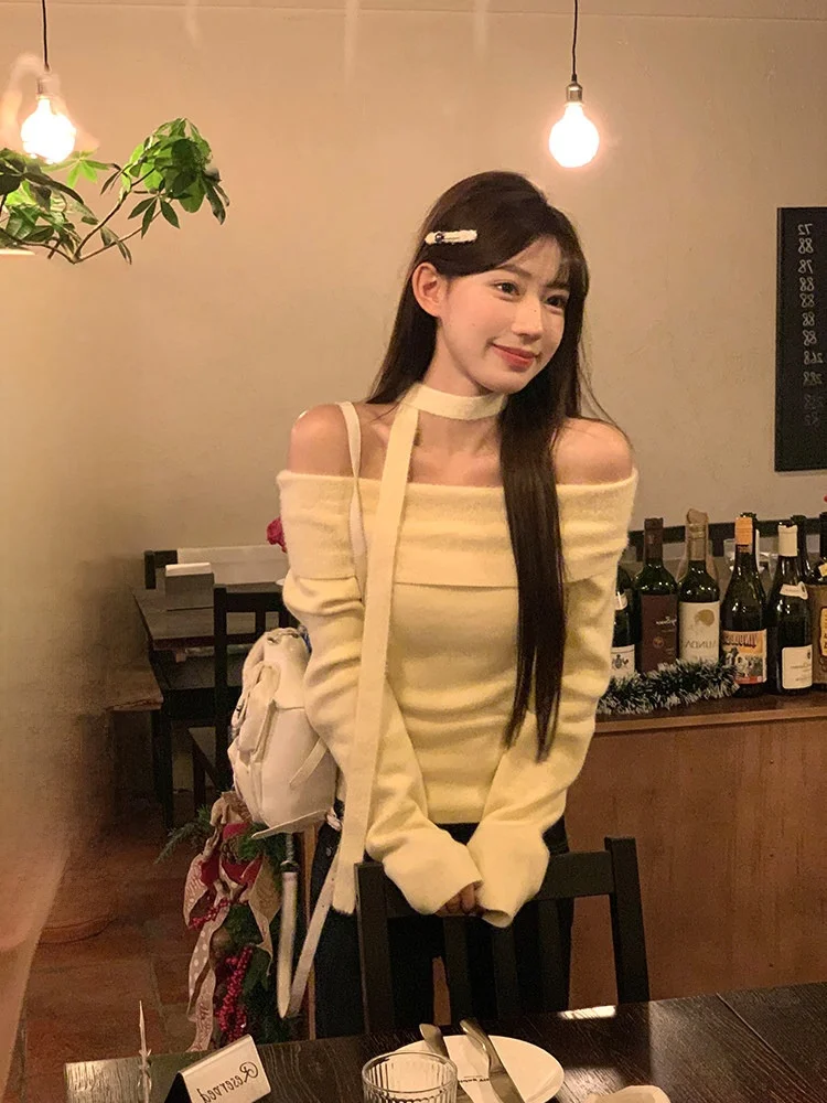 

Желтый вязаный свитер на одно плечо, приталенный, длинный, женский, модный зимний свитер, повседневный, с асимметричным дизайном