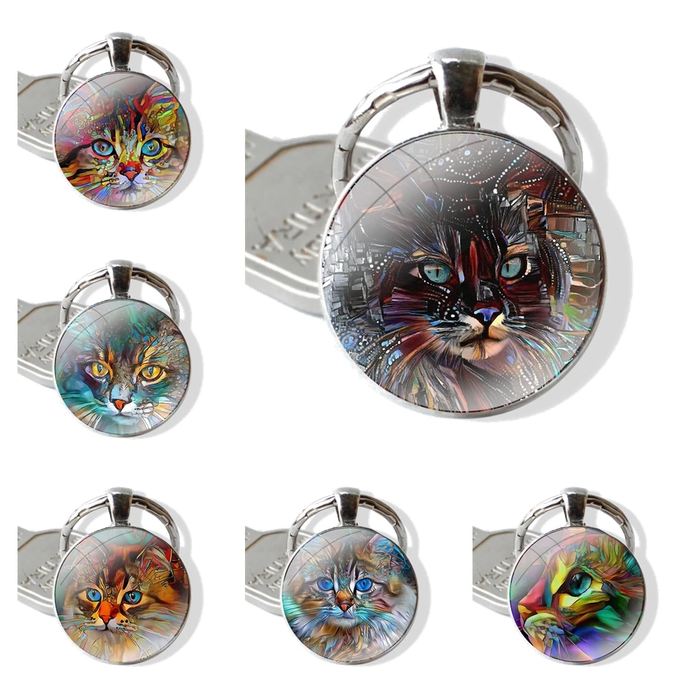 Punk Style Cats Aniamls Ink Paintings Keychain Handmade Glass Cabochon Key Ring Holder Pendant Key Chains