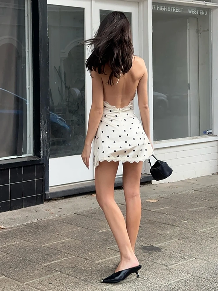 Weird Puss Speckled Print Dress Women Backless Lace-Up Halter  Lace Patchwork Sexy Ruffles Midnight Clubwear Party Mini Bodycon