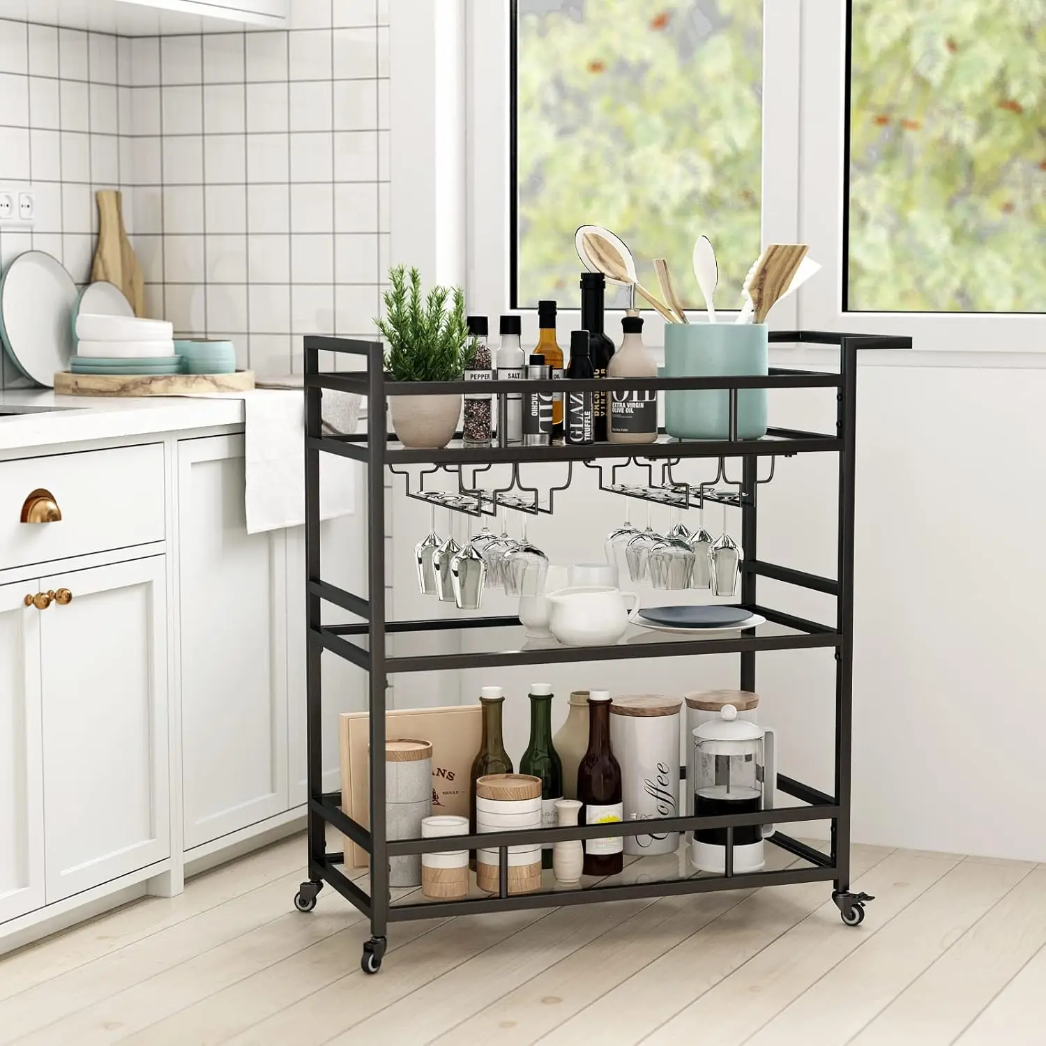 Black Metal Bar Carts with 3 Tier Glass Shelves Rolling Serving Cart with Wine Rack and Glass Holder on Wheels for Kitchen