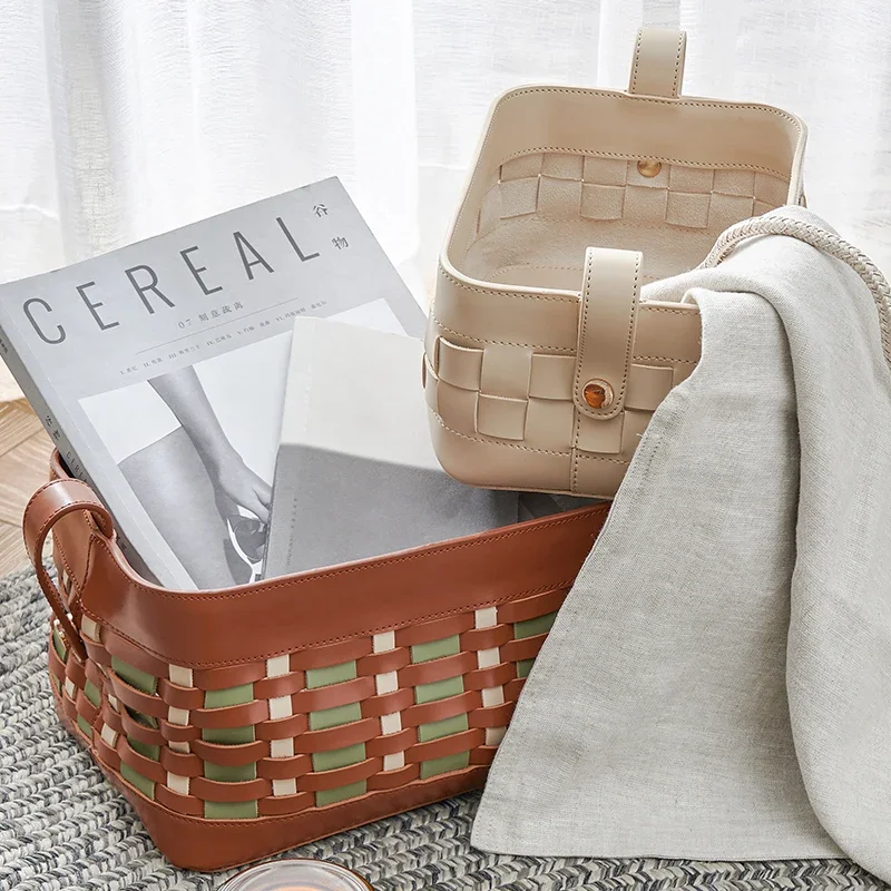 Knitted storage basket leather cosmetic storage items