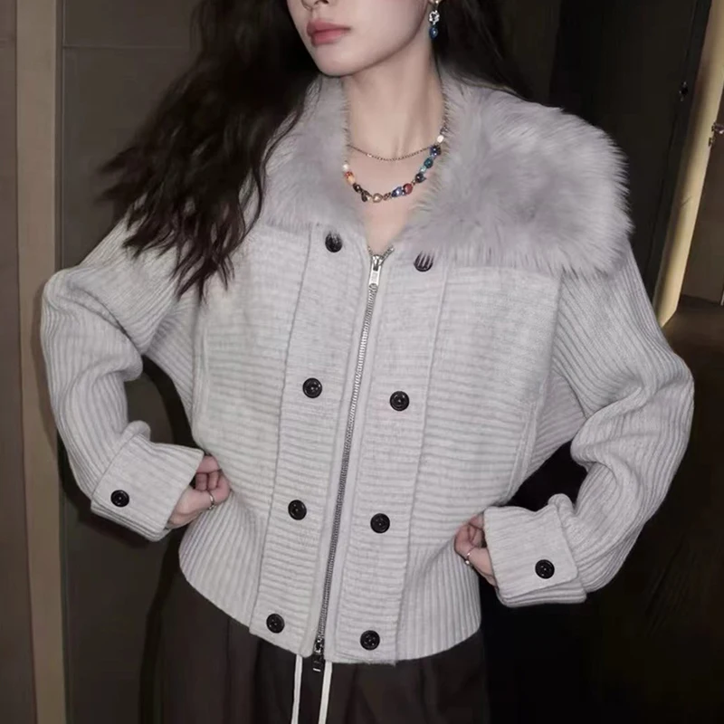 Chic Faux Fur Collar Cardigan Women Fall Winter Batwing Sleeve Loose Zipper Sweater Fashion Casual Cinched Waist Female Outwear